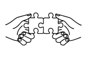 Two hands depicted in a continuous line drawing carefully holding a jigsaw puzzle representing unity and teamwork vector