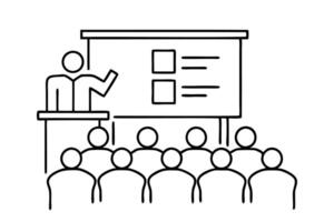 lecture featuring a speaker and listeners in a dynamic educational setting line art flat illustration vector