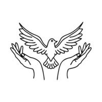 Flying dove with two hands. Bird symbol of peace and freedom in simple linear style Hand drawn line art flat illustration vector