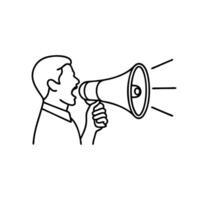 Man energetically shouting into a megaphone line art flat illustration vector