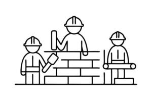 Construction workers collaborating on site highlighting their roles in the building process. line art flat illustration. vector