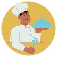 Flat illustration of a smiling chef wearing a classic white uniform and tall chef hat, proudly holding a gourmet dish. Perfect for food blogs, restaurant branding, or culinary content. vector