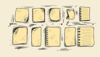 Collection of different note paper sketches on isolated background. vector