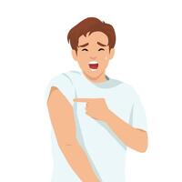 Man with a worried expression points at his upper arm, preparing for an injection. vector