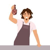 Smiling butcher proudly holds up a raw cut of meat behind the counter, ready to serve customers. vector