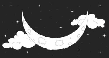 Crescent moon floating in starry night sky with clouds line illustration backdrop. Magical celestial. Dreamy lunar twinkling stars nighttime 2D ink outline monochrome background. Lineart vector