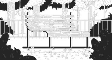 Empty wooden bench in serene forest park line illustration backdrop. Peaceful solitude. Outdoor calm scenery, greenery trees curved seating 2D ink outline monochrome background. Lineart vector