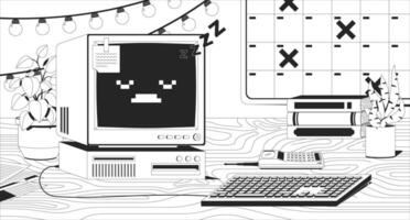 Cozy workspace desk with retro computer lofi illustration outline. Nostalgic tech, calendar marks, PC sleepy zzz, brick phone 2D ink linear flat lo fi drawing. Line art aesthetic wallpaper vector