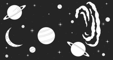 Surreal space with nebula and fantasy planets line illustration backdrop. Crescent moon, nebulae, fantasy sci-fi. Night universe cosmos stars 2D ink outline monochrome background. Lineart vector