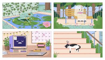 Peaceful and nostalgic lofi wallpapers set. Frog in pond, ghost reading, retro computer, cat napping 2D cartoon flat illustrations. Art images lo fi aesthetic color backgrounds collection vector