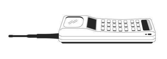 Retro brick mobile phone 2D line object. Nostalgic tech. Portable communication device 90s. Vintage cellphone with antenna isolated clipart ink outline item. Monochrome spot illustration vector