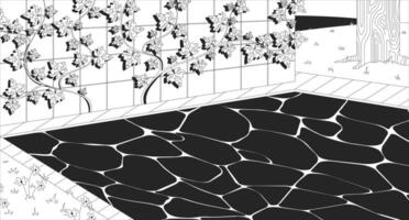Lo-fi garden pond with tiled ivy wall line illustration backdrop. Clear blue water, calming peaceful vines leaves. Grassy lawn, tree trunk 2D ink outline monochrome background. Lineart vector