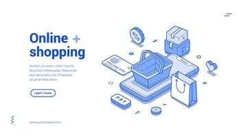 Online shopping marketplace order purchase smartphone application isometric web banner vector