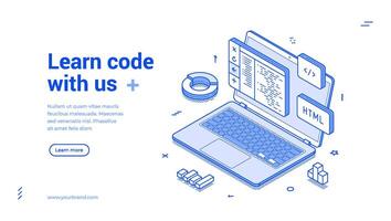 Programming coding soft development course isometric web banner monochrome illustration vector