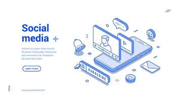 Social media network blog vlog auditorium interaction content isometric web banner vector
