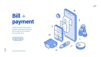 Bill payment shopping service paying checkout smartphone application isometric web banner vector
