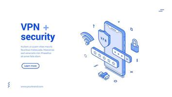 VPN network technology smartphone application security isometric web banner illustration vector