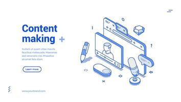 Content making social media network blog vlog podcast isometric web banner monochrome vector