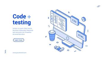 Code testing programming soft development information technology isometric web banner vector