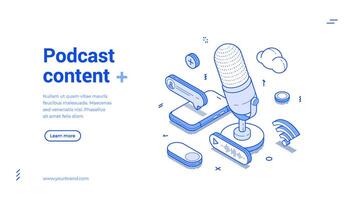 Podcast multimedia content creating blog vlog isometric web banner illustration vector