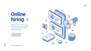 Online hiring job vacancy remotely interview applicant search isometric web banner vector
