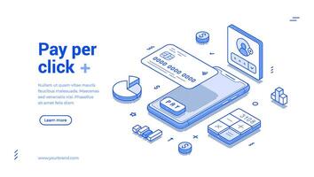Pay click online banking cashless e money user account smartphone app isometric web banner vector