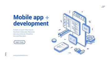 Mobile app development big data software engineering coding isometric web banner vector