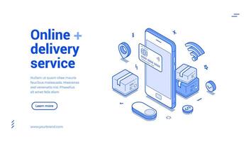 Online shopping delivery service smartphone payment app isometric web banner illustration vector