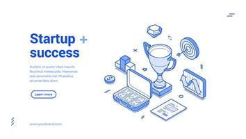 Startup success business productivity efficiency strategy isometric web banner monochrome vector