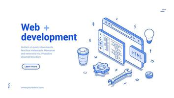 Website development programming and coding web banner isometric illustration vector