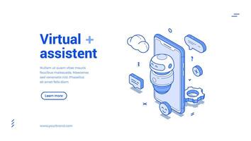 Virtual assistant AI robot smartphone application isometric monochrome web banner vector