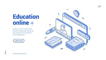Online education lesson distance tutorial e learning isometric web banner illustration vector