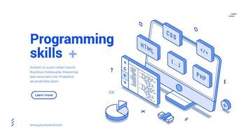 Programming skills computer software development isometric web banner monochrome vector