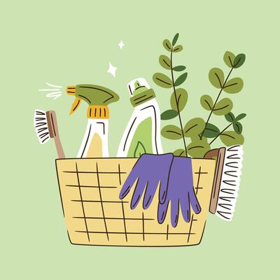 Basket with Eco-friendly cleaning products set, rubber gloves and eucalyptus branches. Organic natural ecological cleaners, wooden brushes. Green housework stuff, zero waste lifestyle.