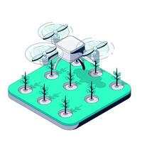 Ecological Drone Planting a Tree. Smart Eco Drone for Precision Tree Planting. Flying Robot with Artificial Intelligence in sustainable Reforestation. Green farming in action. Isometric illustration vector