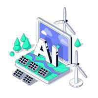 A large ai inscription pops out of a laptop screen. Artificial Intelligence for Sustainable Energy and Environment. Green Ai and Renewable sources. Isometric illustration vector