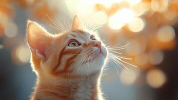 Curious ginger kitten gazes upward in a sunlit garden during autumn photo