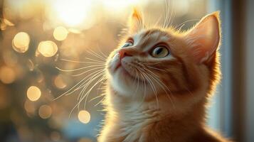 Curious ginger kitten gazing out the window during a warm sunset evening photo