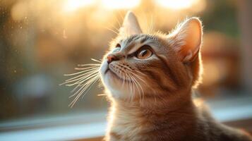 A curious tabby cat gazes thoughtfully at the sunset through a window in a cozy room photo