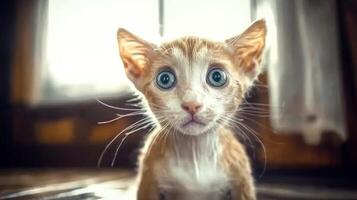 Curious kitten exploring a cozy room with sunlight streaming through the window photo