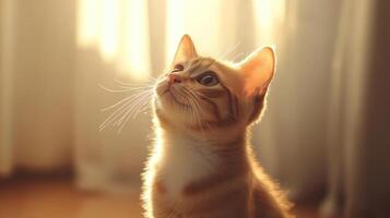 A curious orange cat looking up at sunlight streaming through curtains in a cozy room photo