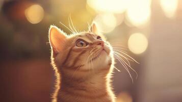 A curious tabby cat gazes upwards as sunlight filters through the trees in the background photo