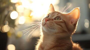 A curious orange cat gazes upward, illuminated by soft morning light in a cozy home setting photo
