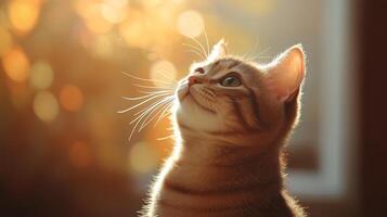 A curious cat gazes upward while basking in golden sunlight at home during the afternoon photo