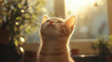 A curious orange cat gazing upward at the warm sunlight in a cozy indoor environment photo