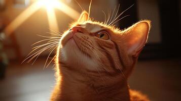A curious orange cat gazes upward at the warm sunlight streaming through a window photo