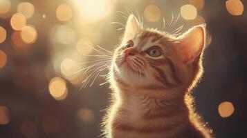 A curious ginger kitten gazes upwards in soft sunlight during early evening hours photo