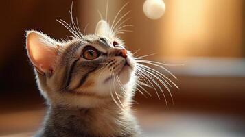 Curious kitten gazes upward in warm, soft lighting during late afternoon hours photo