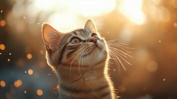 Playful kitten enjoying the warm sunlight in a serene outdoor setting at dusk photo