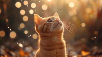 Curious orange tabby cat gazing upwards in a sunlit autumn forest setting photo